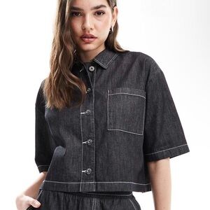 COLLUSION oversized short sleeve lightweight denim shirt with contrast stitch
